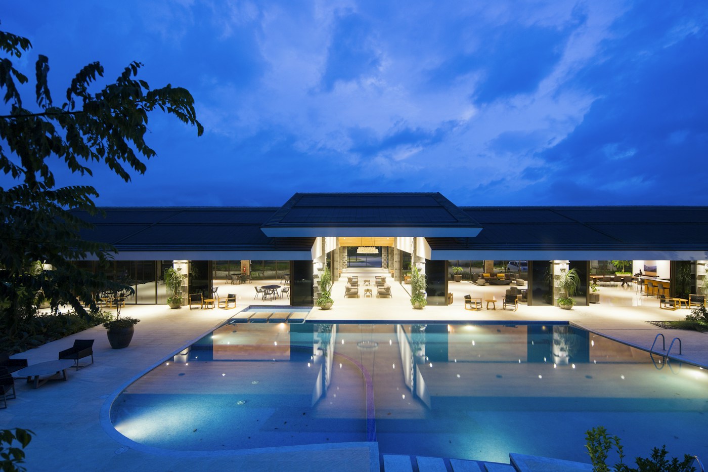 Hospitality pavilion and illuminated guest pool