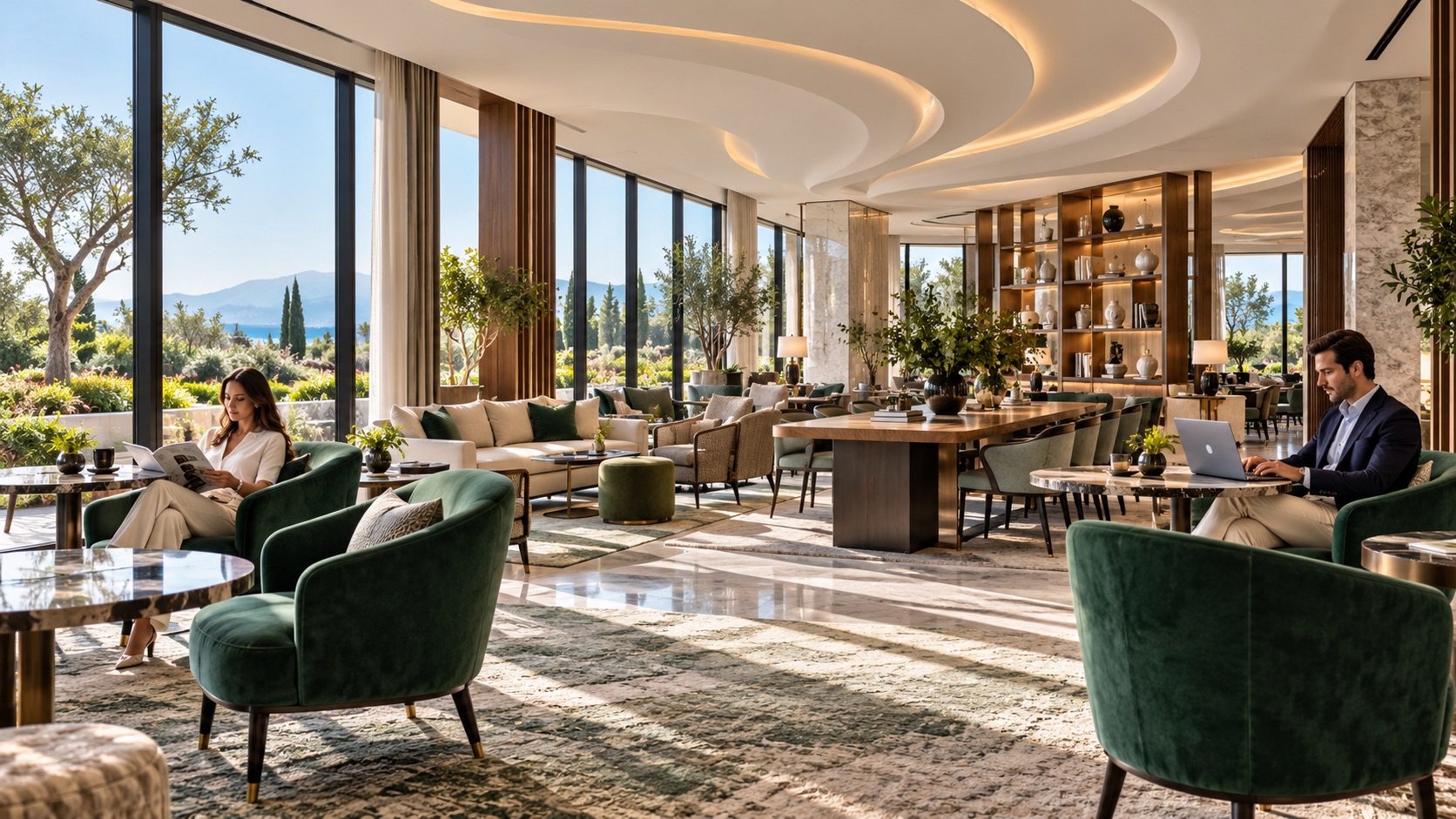 Illustrative guests reading and working in a hotel lounge