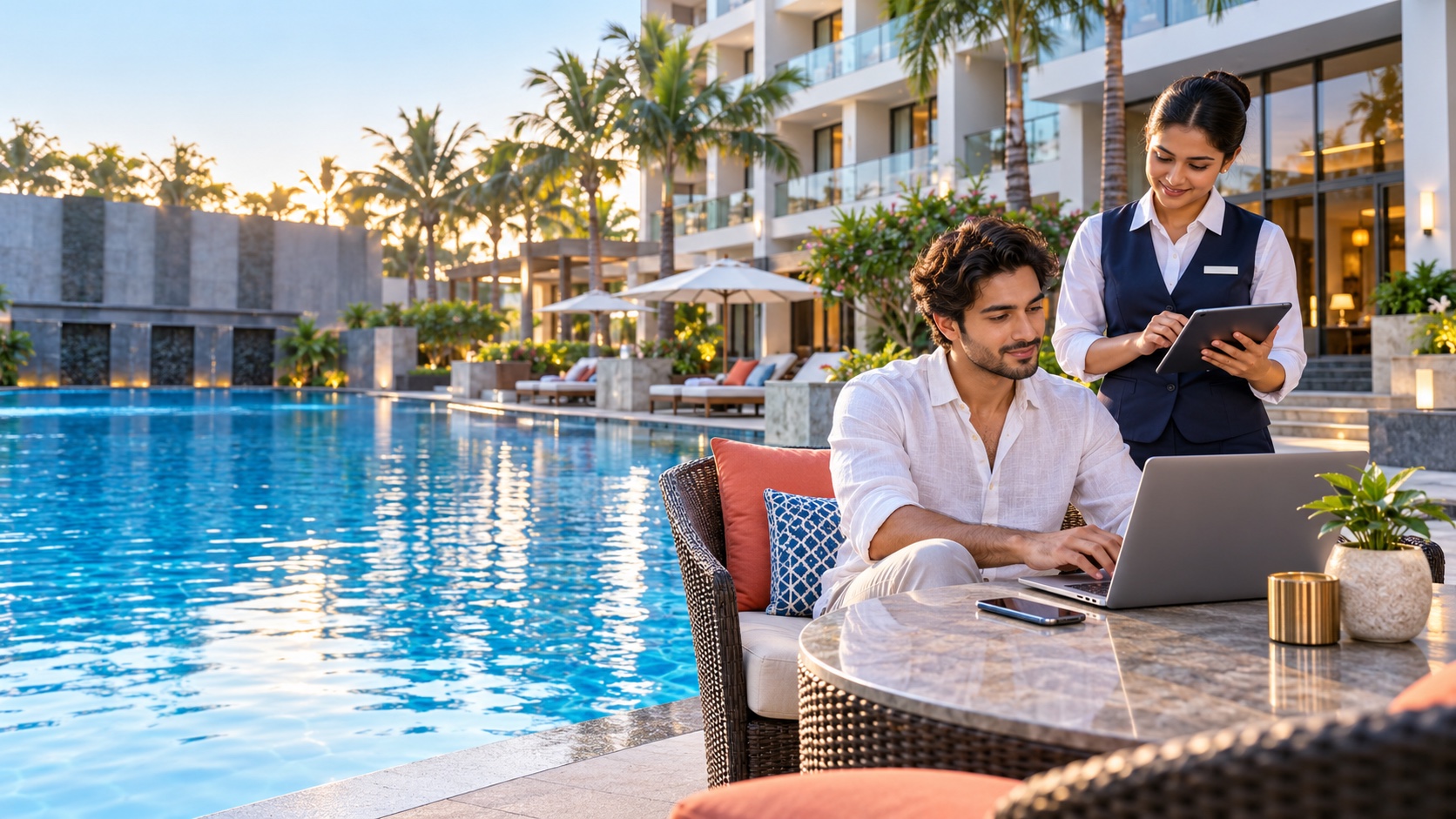 Illustrative hotel poolside scene with a guest using a laptop, a mobile phone on the table and hotel staff using a tablet
