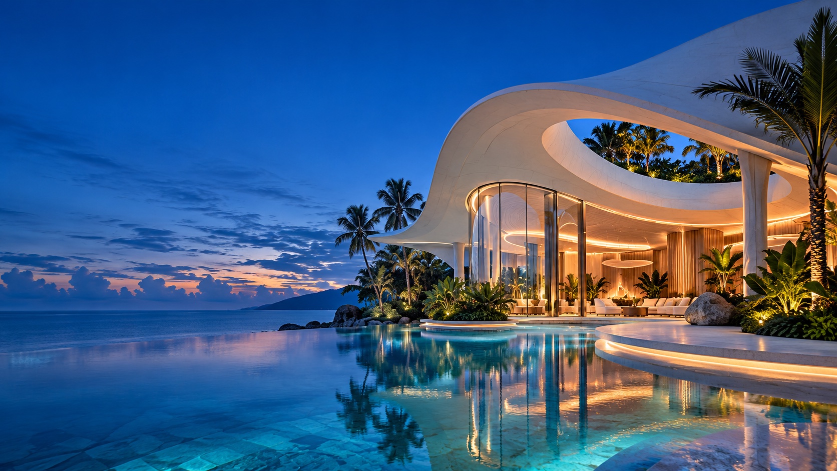 Illustrative contemporary hotel pavilion and landscaped guest areas
