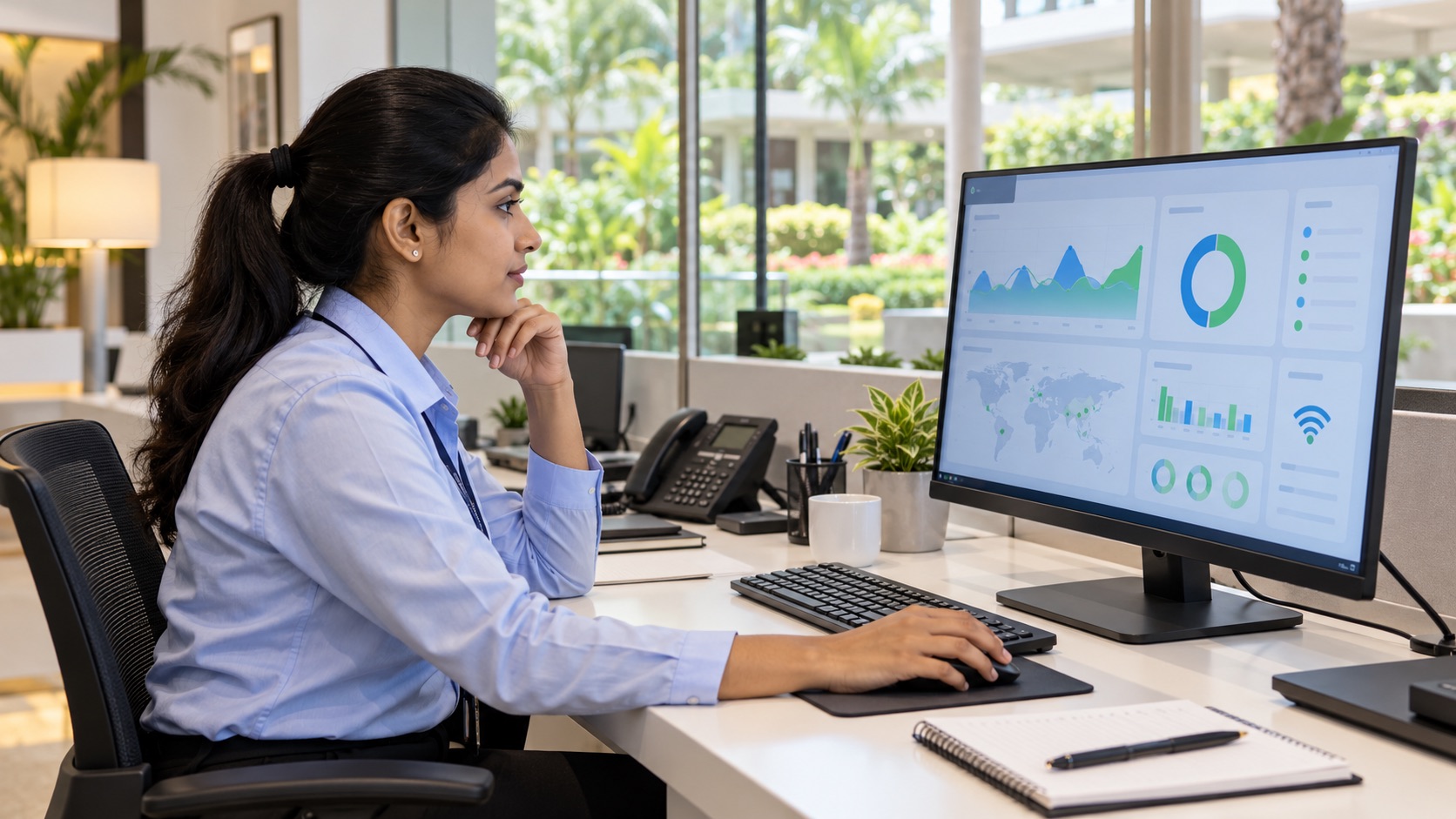 Illustrative hotel operator reviewing a conceptual network dashboard, not an AirSpot screenshot