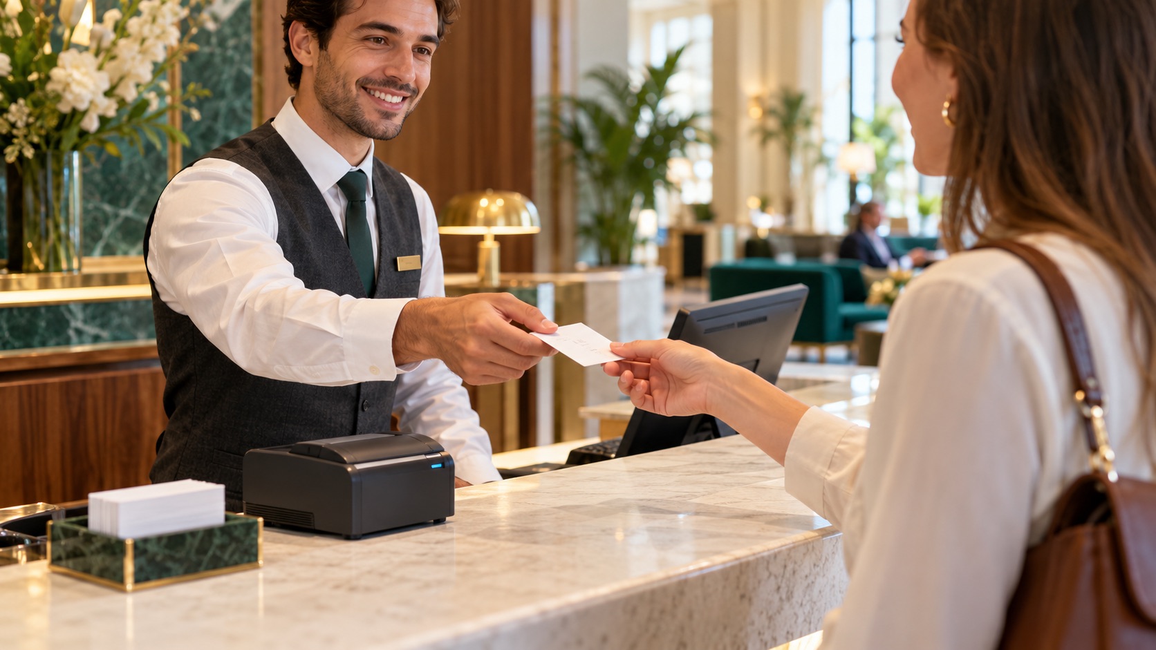 Illustrative receptionist handing a WiFi voucher to a guest