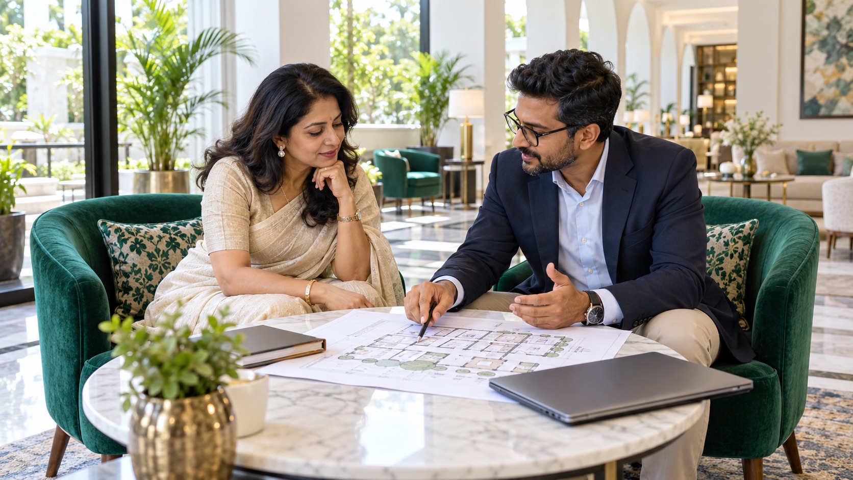 Illustrative hotel owner and technology consultant discussing a property plan