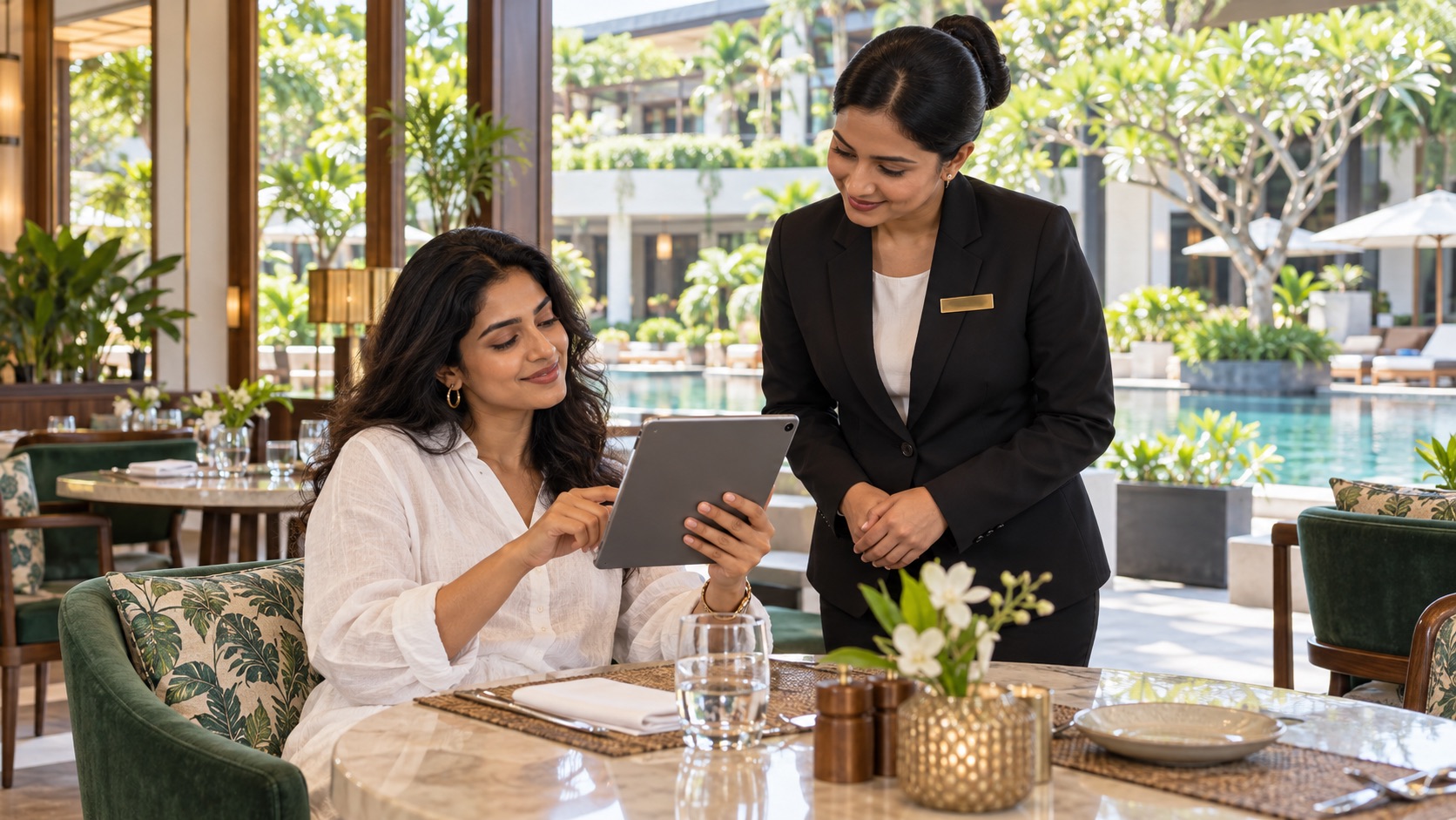 Illustrative resort guest sharing feedback on a tablet with a hotel manager