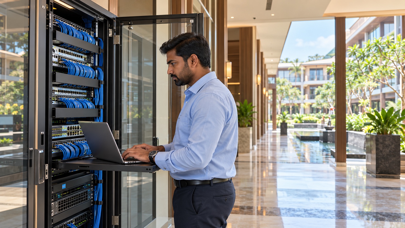 Illustrative engineer checking hotel network equipment