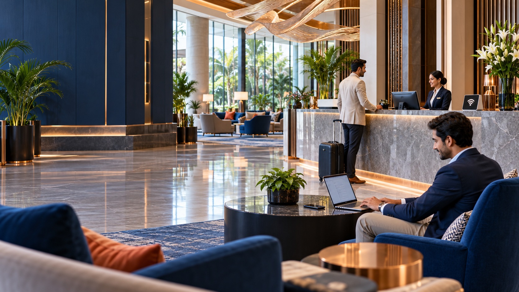 Illustrative hotel reception with a guest using a laptop and staff welcoming an arrival