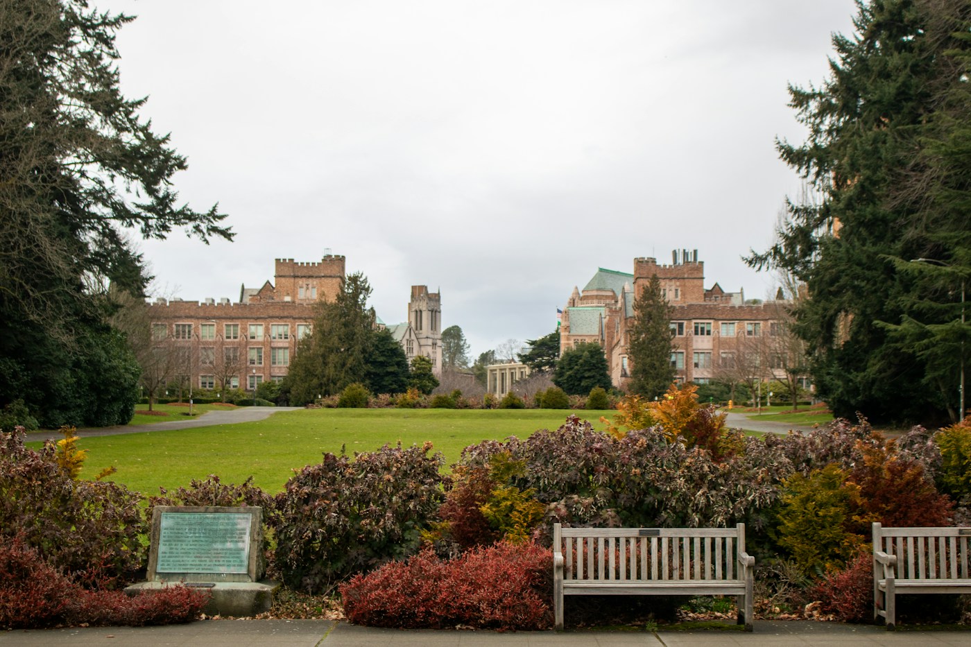 University campus lawn and academic buildings