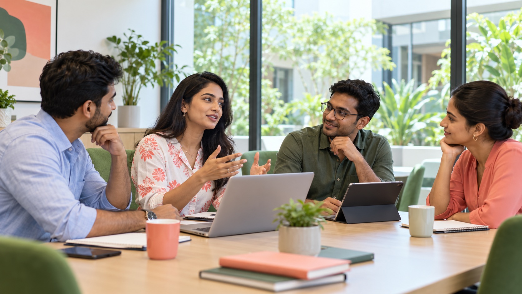 Illustrative hospitality team discussing ideas around a laptop